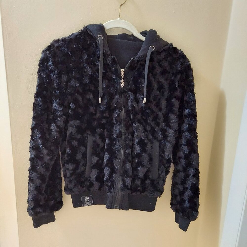ROCK REVOLUTION Faux Fur Reversible Black Jacket w/ Hood - Women's Small